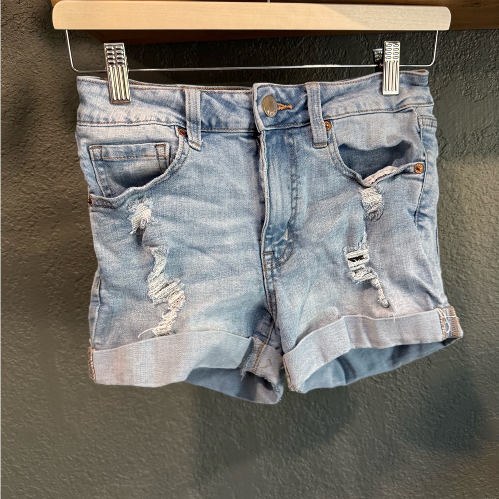 Aeropostale Light Blue Distressed Rolled Hem Denim Shorts
